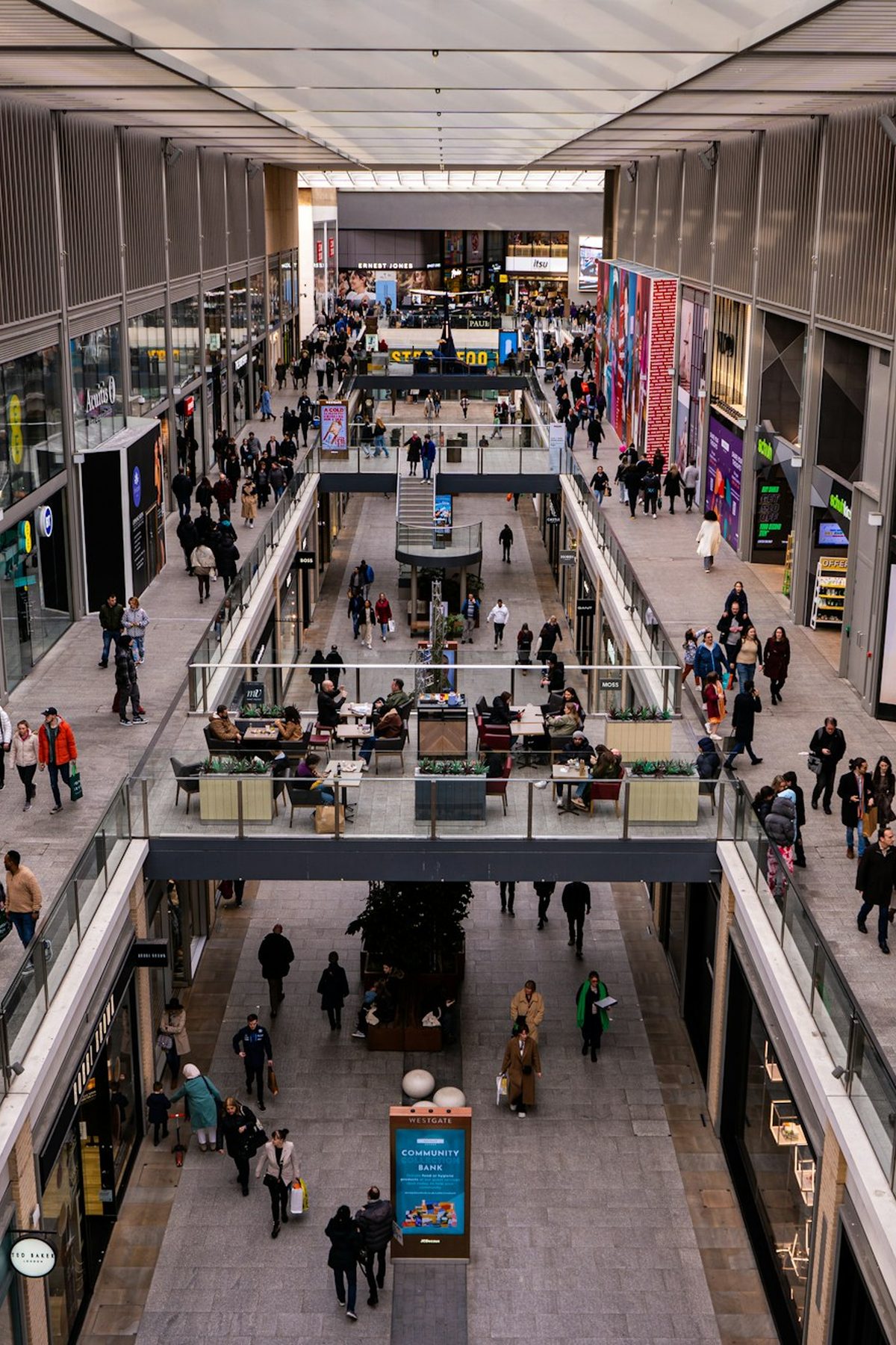 Shoppers on multiple levels of a busy retail centre